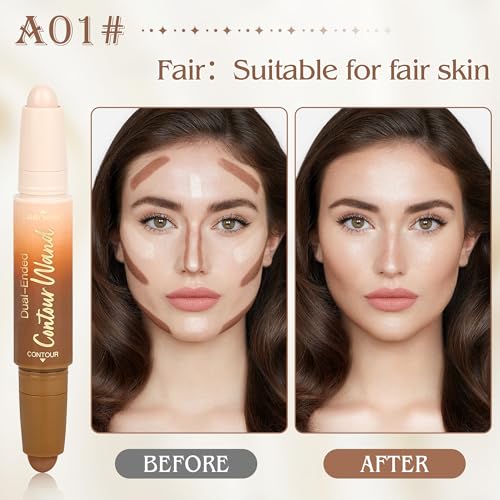 Contour Highlighter Stick，2-in-1 Dual-Ended Cream Bronzer & Highlighter Sticks Pen for Face Body Contouring Makeup- Buildable，Waterproof, Easy to Apply Suitable for Beginners，01Nuetral Nude + Beige - color: A01#Fair