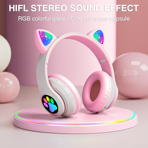 Bluetooth Noise Cancelling Headphones for Kids,Foldable Cat Headphone with LED Light Up Ear,Cat Ear Headphones for Toddler with Microphone/TF Card,Kids Bluetooth Earphones for ipad - color: Pink