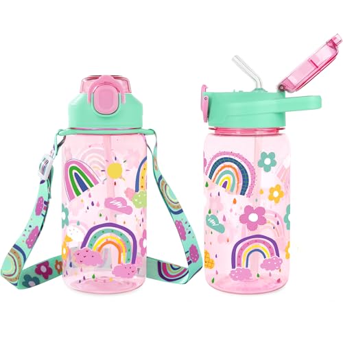 Rainbow Kids Water Bottle for School 20oz with Strap, Straw Pop-Up Spout Cover and Carry Handle, Leak Proof Water Cup for Girls, Plastic Waterbottle for Sport Travel - color: Rainbow Pink, size: 20.3 Ounces