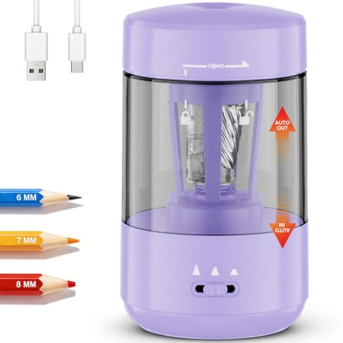 Electric Pencil Sharpener for Classroom, Fully Automatic Pencil Sharpener for 6-8mm Pencils & Colored Pencils, Auto in & Out, Type-C Rechargeable Pencil Sharpeners for Home, School, Purple - color: Purple