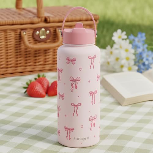 SANDJEST Coquette Bow Gift for Women, Water Bottle Stainless Steel 32oz with Lid & Straw, Pink Bows Aesthetic Insulated Bottles Gifts for Girls Friends Teens Birthday Christmas - color: Bow