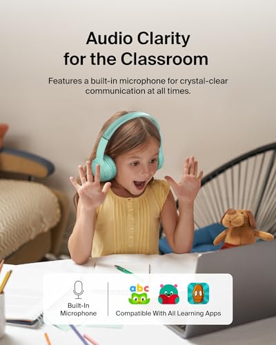 Belkin SoundForm Mini - Wireless Bluetooth Kids Headphones, 30H Battery, 85dB Safe Volume Limit, Built-in Microphone - Toddler On-Ear Earphones for iPhone, iPad, Fire Tablet, Ideal for School - Mint - color: Mint, style: Wireless (USB-C)