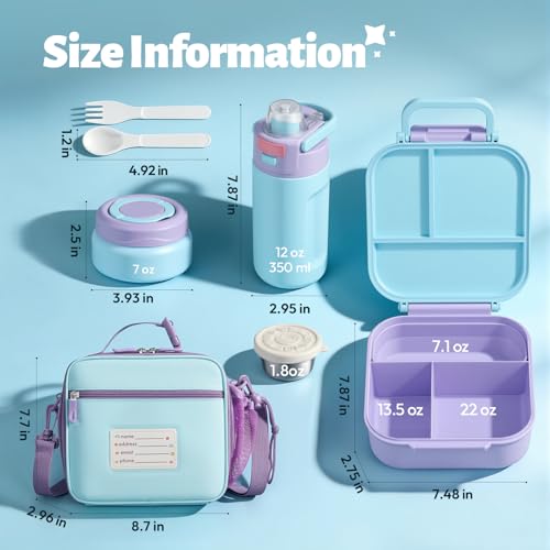 Itslife Bento Lunch Box for Kids Set, insulated food container, 7 oz thermos for hot food, 12 oz thermos water bottle, Reusable Insulated Ice Bag & Fork Spoon Utensils Camping Travel Purple - color: Purple