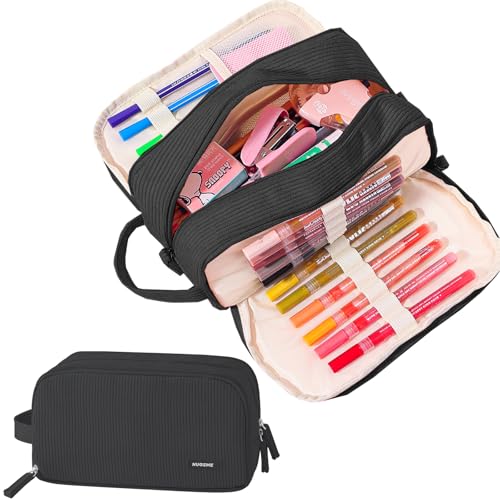 3 Compartment Pencil Case, Extra Large Capacity School Supplies Pencil bag with Easy Handle, Soft Corduroy Pencil Pouch, Aesthetic Supply Pen Case Bag Organizer For Teen Girls College (Black) - color: Black