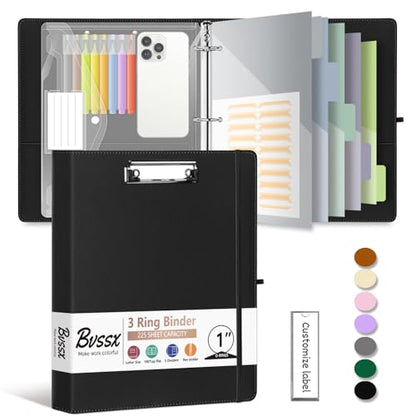 3 Ring Binder, 1 Inch Leather Binders with Clipboards, 5-Tabs Pockets Dividers, 18 Divider Stikers, Plastic Folder, Pen Holder, Three Ring Binder with Pen Holder(Black, Letter Size) - color: Black, size: 1in（Letter Size）