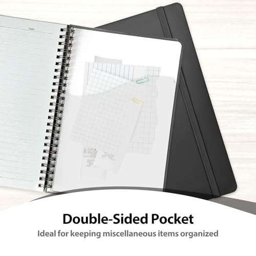 A5 Lined Spiral Journal Notebook, 146 Pages Hardcover Notebook with 100 GSM Thick Paper, Inner Pocket & Elastic Closure, 5.7" x 7.9", Notebooks for Work, School, College, Office, Journaling & Note Taking - color: BLACK