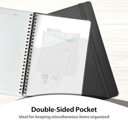 A5 Lined Spiral Journal Notebook, 146 Pages Hardcover Notebook with 100 GSM Thick Paper, Inner Pocket & Elastic Closure, 5.7" x 7.9", Notebooks for Work, School, College, Office, Journaling & Note Taking - color: BLACK