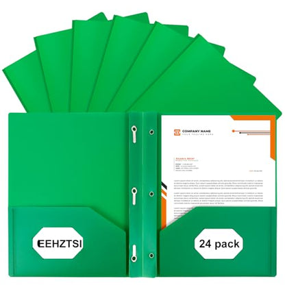 24-Pack Plastic Folders with Pockets and Prongs,2-Pocket Folders with 3 Fasteners, Holds 8-1/2" x 11" Paper for School/Office/Home, Green - color: Green, size: 24-Pack