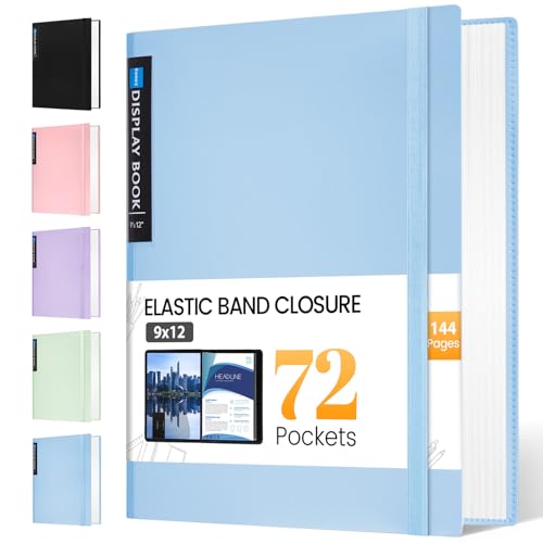 Sooez Art Portfolio 9"x12", 72 Pockets Large Portfolio Folder Display 144 Pages, Heavy Duty Binder with Plastic Sleeves&Elastic Band, Presentation Book with Clear Sheet Protector for Artwork Organizer - color: Blue