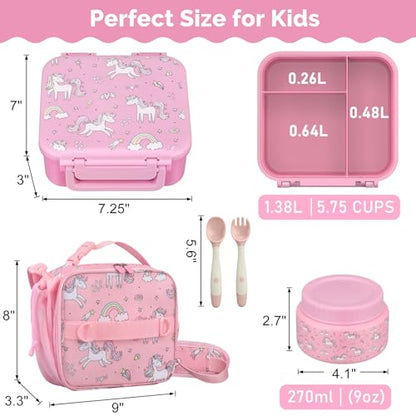 Kids Lunch Box Set with Bento Box, 9oz Stainless Steel Thermo & Insulated Lunch Bag – Hot & Cold Leakproof Lunch Container with Utensils for School & Travel - color: Pink