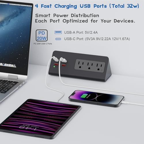 Nightstand Power Strip with PD 20W USB-C, Haylink Desk Surge Protector with 3 AC Outlets & 4 USB Ports, 2M Flat Plug, Desktop Clamp Power Outlet for Office, Home, Hotel, Dormitory, Black