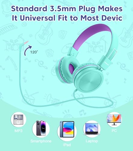 Cowyawn Kids Headphones, Toddler Headphone with Safe Volume Limiter 94dB, Wired School Headphones for Kid, 3.5mm Adjustable On-Ear Headphone for Boys/Girls/Children/Teens/iPad/Computer, Purple Green - color: Purple Green