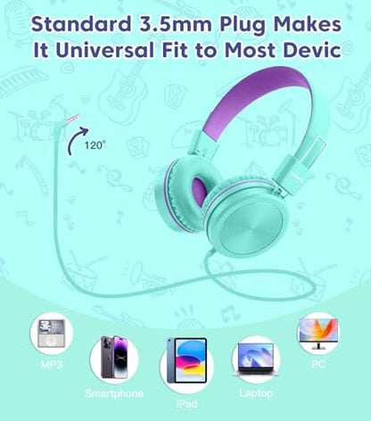 Cowyawn Kids Headphones, Toddler Headphone with Safe Volume Limiter 94dB, Wired School Headphones for Kid, 3.5mm Adjustable On-Ear Headphone for Boys/Girls/Children/Teens/iPad/Computer, Purple Green - color: Purple Green