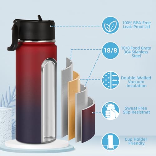 Volhoply 18oz Insulated Water Bottle Bulk 2 Pack,Kids Stainless Steel Water Bottles with Straw Lid,Double Wall Vacuum Reusable Metal Cups,Wide Mouth Sports Flask Keep Hot and Cold(Red Purple,2 Set) - color: Red Purple