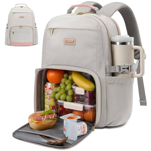 LOVEVOOK Lunch Backpack with Lunch Compartment,17 Inch Laptop Work Travel Insulated Cooler Backpack Purse, Waterproof College Teacher Lunch Bag Box with Tumbler Holder,Gifts for Men Women,Gray-Pink - color: Gray - Pink, size: 17-Lunch