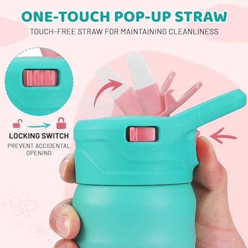 HAUSHOF Kids Water Bottle 12 oz BPA-free with Straw and Stickers, Stainless Steel Vacuum Double Wall Insulated cup with Leak Proof for school, Gift, Girls (Green and Pink) - color: Green and Pink(1 Pack)