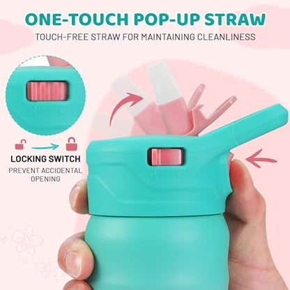 HAUSHOF Kids Water Bottle 12 oz BPA-free with Straw and Stickers, Stainless Steel Vacuum Double Wall Insulated cup with Leak Proof for school, Gift, Girls (Green and Pink) - color: Green and Pink(1 Pack)
