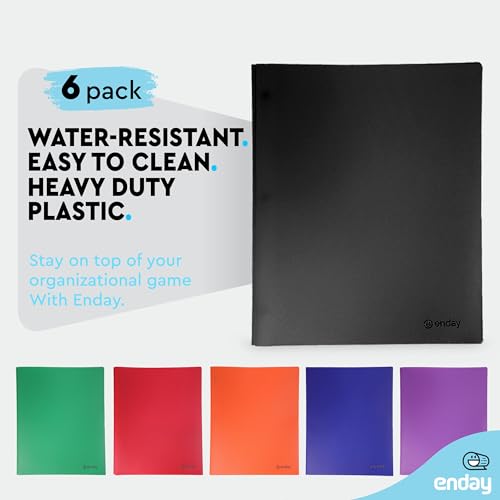Plastic Folders with Pockets and Prongs Black, Two Pocket Folder with Brads, 3 Prong Folders with Pockets for Letter Size Sheets (6 Pack) - By Enday - color: Black
