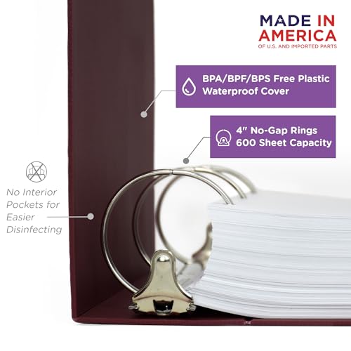 Carstens 4-Inch Heavy Duty 3-Ring Binder - Side Opening, Wine, Durable Plastic, Precision No-Gap Rings, Waterproof Cover, No Pockets, Holds 600 US Letter Sheets, BPA-Free, Made in USA (1843-3R) - color: Burgundy, size: Individual