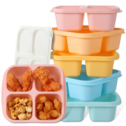 Honeydak 5 Pack Snack Containers 4 Compartment Bento Snack Boxes Reusable Lunchable Containers with Lids Divided Meal Prep Lunch Food Storage Box for School Work Travel(Candy Color,Equal) - color: Candy Color, style: Equal