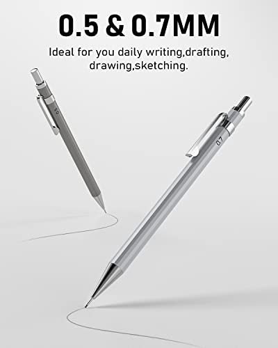 Nicpro 8 Pack 0.5mm & 0.7mm Metal Mechanical Pencil Set, MB1000 | Lead Drafting Pencil for Artist Writing, Sketching, Drawing with 6 Tubes HB Refills, 3×4B Eraser, 9×Cap Eraser - With Case - style: 8 Pack （0.5mm & 0.7mm）