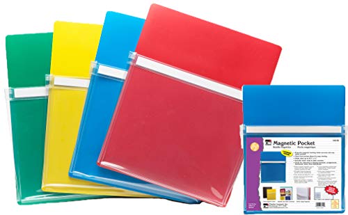 Charles Leonard CLI Magnetic Pocket, 4 Pack, Assorted Colors (26400) | Magnetic Pockets | Clear Front Pocket for Easy Inside Visibility | Ideal Use on Bulletin Boards | Set of 4 Per Pack