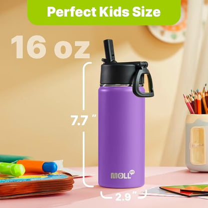 Water Bottle 16 oz Stainless Steel Double Wall Vacuum Insulated Wide Mouth Water Bottle for School-Metal Leak-Proof Travel Water Flask with Straw(Purple) - color: Purple, size: 16 Ounces
