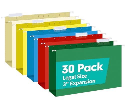 HERKKA Extra Capacity Legal Size Hanging File Folders, 30 Pack Reinforced Legal Size Hanging Folders with Heavy Duty 3 Inch Expansion, Designed for Bulky Files, Medical Charts, Assorted Colors - size: 3 Inch Expansion