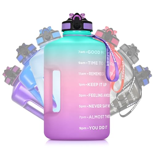 WEMEET Gallon Sport Water Jug with Time Marker and non-slip handle, Sports Motivational Water Bottle, Wide Mouth with Easy Clean Brush for Outdoor, Fitness, Gym - color: Green Pink Purple