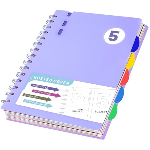 FLYING EAGLE 5 Subject Notebook Wide Ruled Spiral Notebook 5x7, A5 Small Notebook with Remoable Dividers, Hardcover Notebooks for Work, 204 Pages Lined Journal for Women, Violet - color: B.Violet, size: A5(5.5x8in)-1 Pack