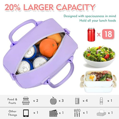 Lunch Bag for Girls and Women, Cute Preppy Lunch Bag with Chenille Letters, Insulated Large Capacity Lunch Tote with Detachable Strap for School, Work & Picnic, Purple - color: Purple