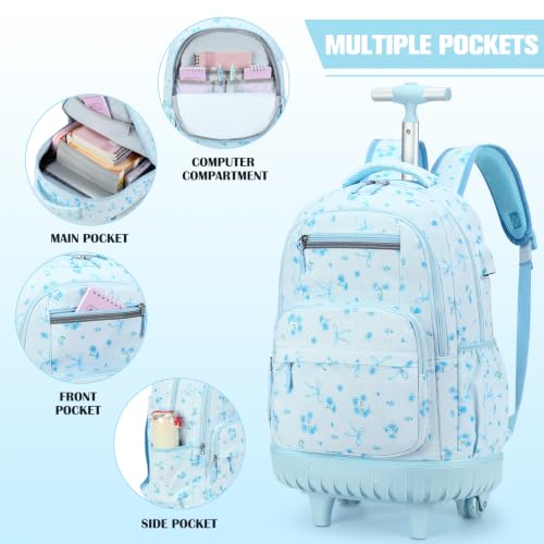 ACESAK Rolling Backpack for Girls - Roller Wheels School bag with Lunch Bag & Pencil Pouch for Teen Girls Kids Wheeled Suitcase Backpacks, Elementary Middle School Travel Daypack (Blue Bow) - color: Blue Bow