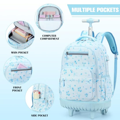 ACESAK Rolling Backpack for Girls - Roller Wheels School bag with Lunch Bag & Pencil Pouch for Teen Girls Kids Wheeled Suitcase Backpacks, Elementary Middle School Travel Daypack (Blue Bow) - color: Blue Bow