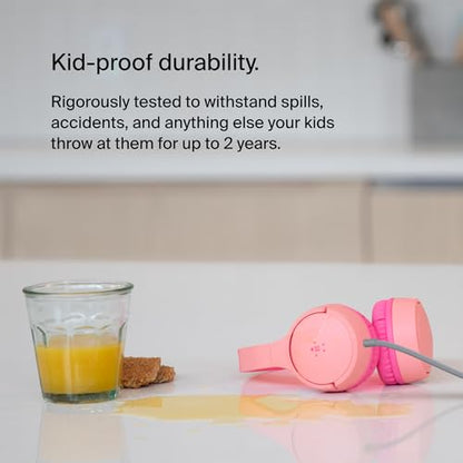 Belkin SoundForm Mini Kids Wired Headphones with Built-in Microphone & Fun Stickers, 85dB Safe Volume Limit – for Online Learning, Travel, Compatible w/iPhone 15, iPad, Galaxy S23, & More - Pink - color: Pink, style: Wired