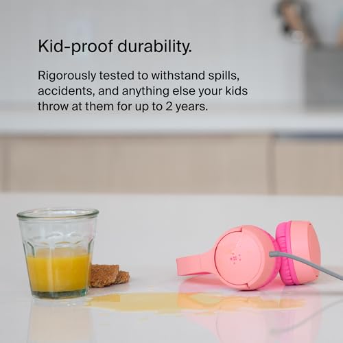 Belkin SoundForm Mini Kids Wired Headphones with Built-in Microphone & Fun Stickers, 85dB Safe Volume Limit – for Online Learning, Travel, Compatible w/iPhone 15, iPad, Galaxy S23, & More - Pink - color: Pink, style: Wired