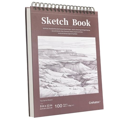 Crehatos 9" x 12" Sketch Book, Top Spiral Bound Sketch Pad, 100 Sheets 68lb/100gsm Drawing Paper, 1 Pack | Top Spiral Bound Sketch Pad, 68lb/100gsm Drawing Paper for Dry Media - size: 9" x 12" (1 Pack)
