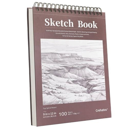 Crehatos 9" x 12" Sketch Book, Top Spiral Bound Sketch Pad, 100 Sheets 68lb/100gsm Drawing Paper, 1 Pack | Top Spiral Bound Sketch Pad, 68lb/100gsm Drawing Paper for Dry Media - size: 9" x 12" (1 Pack)