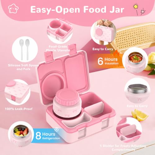 Kids Lunch Box with Thermo, Leakproof Bento Box for Kids with 8OZ Insulated Food Jar, Ice Pack, Sauce Cup, Utensils, Removable Tray & Dividers for School Daycare Travel (Bows) - color: Bows