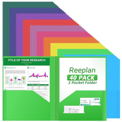 40 Pack Plastic Folders with Pockets, Letter Size, 10 Colors | 2 pockets with card slots; each pocket holds 50+ sheets. Water-resistant, tear-resistant folders for school, office, home