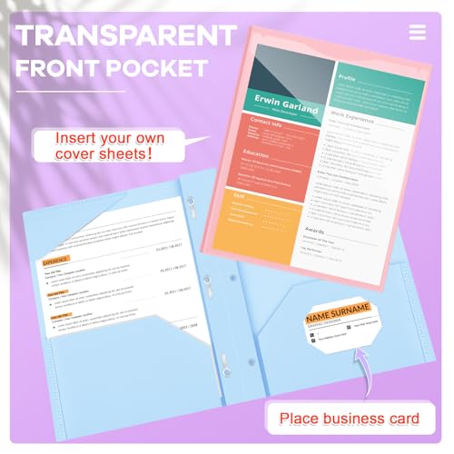 Henoyso 18 Pcs Plastic Folder with Clear Front Pocket and 3 Prong Plastic Folders with Card Slot Pocket Folders with Prongs for School Office (Pastel) - color: Pastel