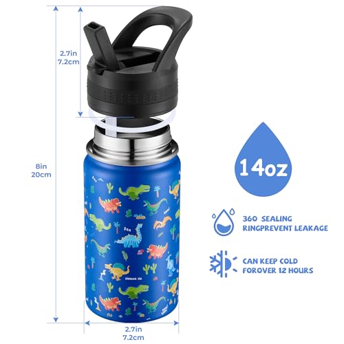 14 Oz Kids Water Bottle, Stainless Steel Water Bottle with Straws, Leak-Proof, BPA-Free, Insulated Water Bottles for School Boys & Girls|Blue Dinosaur - color: Blue cartoon dinosaur