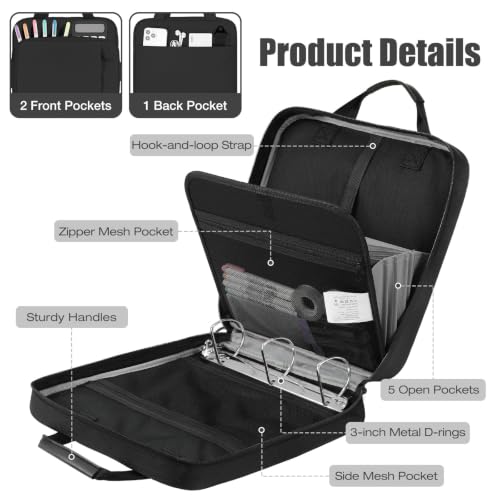 MoKo Zipper Binder, 3 Inch 3 D Ring, 5 Tab File Folders, 700 Sheets, Black | Water-repellent 900D Oxford with five file pockets, two mesh pockets, a handle and padded shoulder strap. - color: Black, size: 3-Inch D-ring