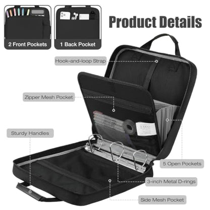 MoKo Zipper Binder, 3 Inch 3 D Ring, 5 Tab File Folders, 700 Sheets, Black | Water-repellent 900D Oxford with five file pockets, two mesh pockets, a handle and padded shoulder strap. - color: Black, size: 3-Inch D-ring