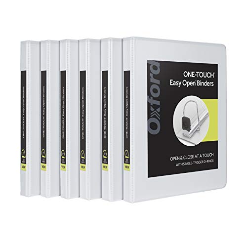 Oxford 3 Ring Binders, 0.5 inch ONE-Touch Easy Open D Rings, Durable Binders for School and Office, View Binder Covers, Xtralife Hinge, Non-Stick, PVC-Free, White, Holds 125 Sheets, 6 PK (79902) - size: 0.5 Inch