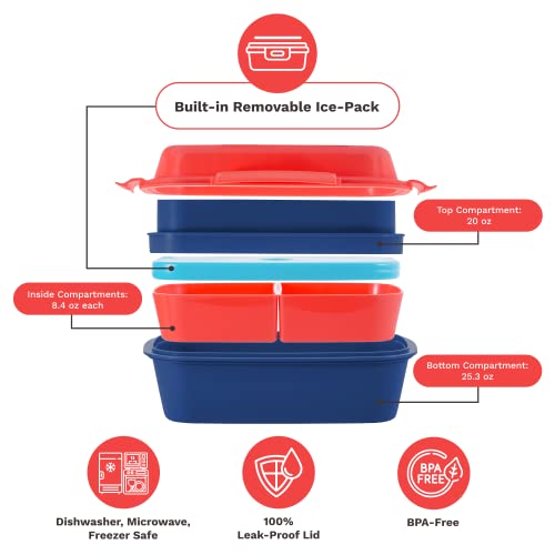 Ultimate Bento Box - Lunch Box for Kids & Adults with Removable Ice Pack - Leakproof, Multi-Compartment Food Container with Removable Containers - Microwave & Dishwasher Safe (Red, Blue, Red) - color: Red, Blue, Red