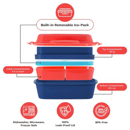 Ultimate Bento Box - Lunch Box for Kids & Adults with Removable Ice Pack - Leakproof, Multi-Compartment Food Container with Removable Containers - Microwave & Dishwasher Safe (Red, Blue, Red) - color: Red, Blue, Red