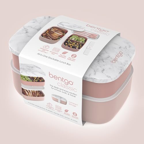 Bentgo Classic Stackable 3-Compartment Adult Bento-Style Lunch Box | Removable Utensil Set and Sealing Strap, BPA-Free, Food Container Ideal for Meal Prep, Work, and On the Go (Blush Marble) - color: Blush Marble