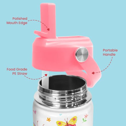 Kids Water Bottle with Straw Lid - 12 Oz Insulated Stainless Steel Water Bottles for Kid Girl- Travel Cup for School Sports - color: Butterfly