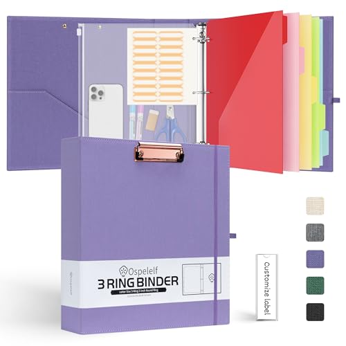 Ospelelf 2 Inch 3 Ring Binder Organizer with Zipper Pouch, Purple Linen Clipboards Portfolio (8.5" x 11"), 5 Plastic Folders with 10 Pockets, Hardcover School Binder - color: Purple, size: 2in (Letter Size)