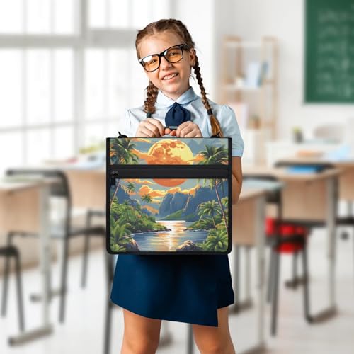 Summer Plam Sea Zipper Binder, 3 D-Ring Expanding File Folder with Handle & Adjustable Shoulder Strap, 400 Sheets Capacity Multi-Pocket Organizer for 13 Inch Laptop - color: Summer Plam Sea